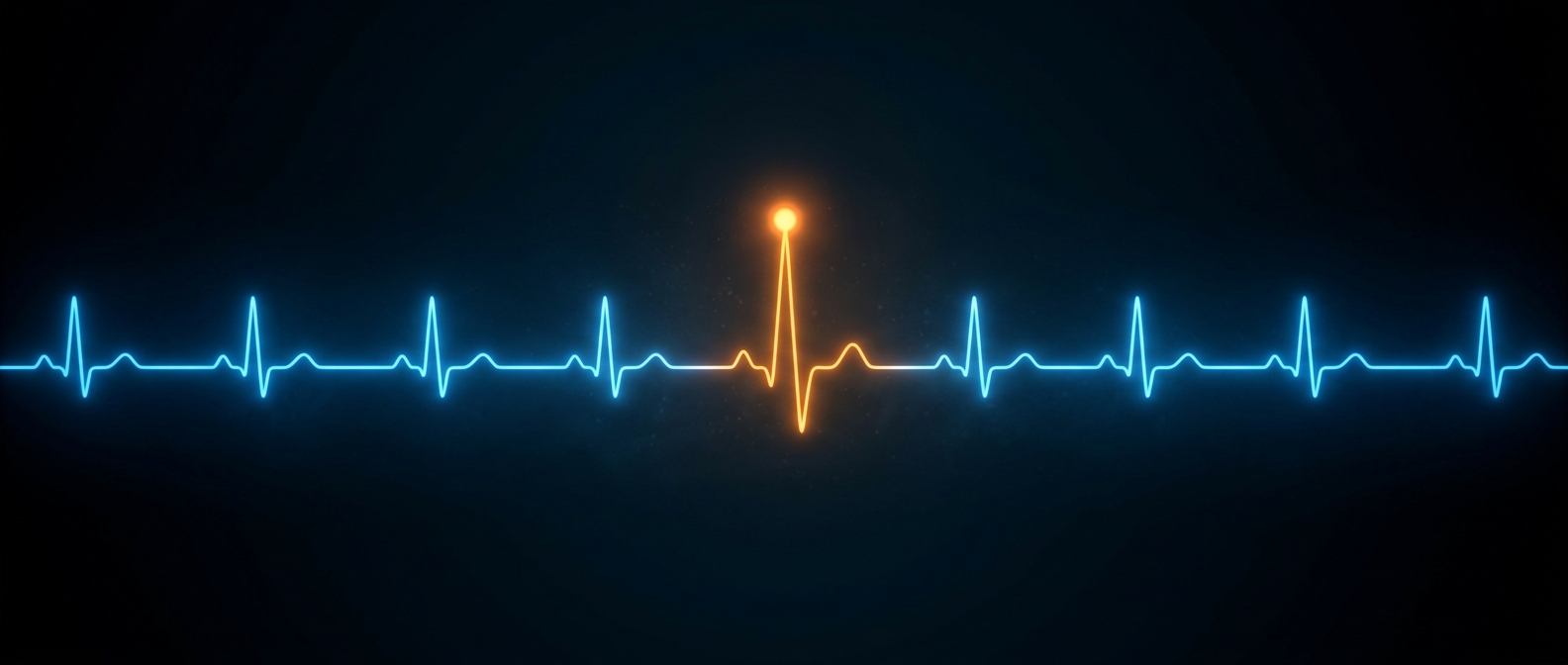 A glowing blue heartbeat-style monitoring line with one orange spike and alert dot, on a dark field.