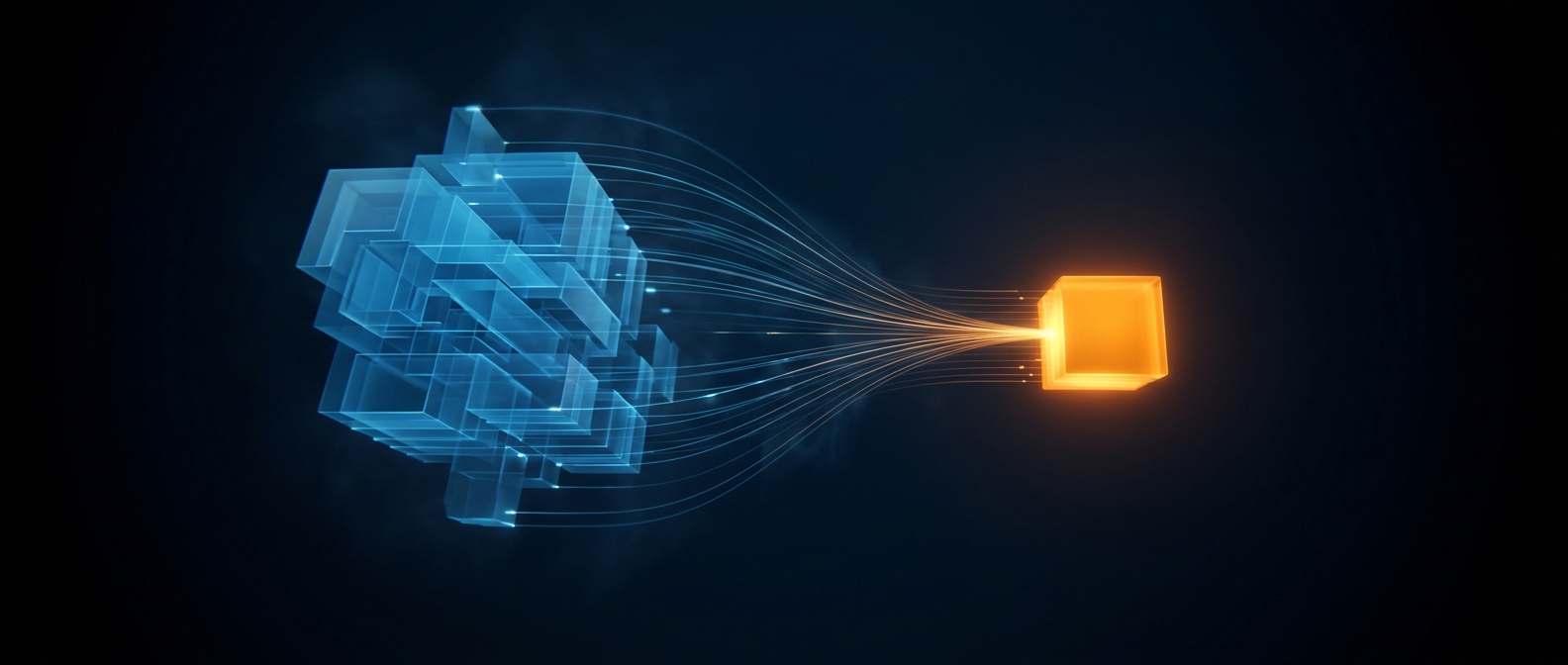 A large blue data structure condensing into a compact glowing orange stored block, on a dark field.