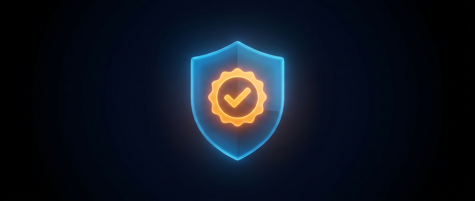 A glowing blue shield with a warm orange seal at its center, on a dark field.