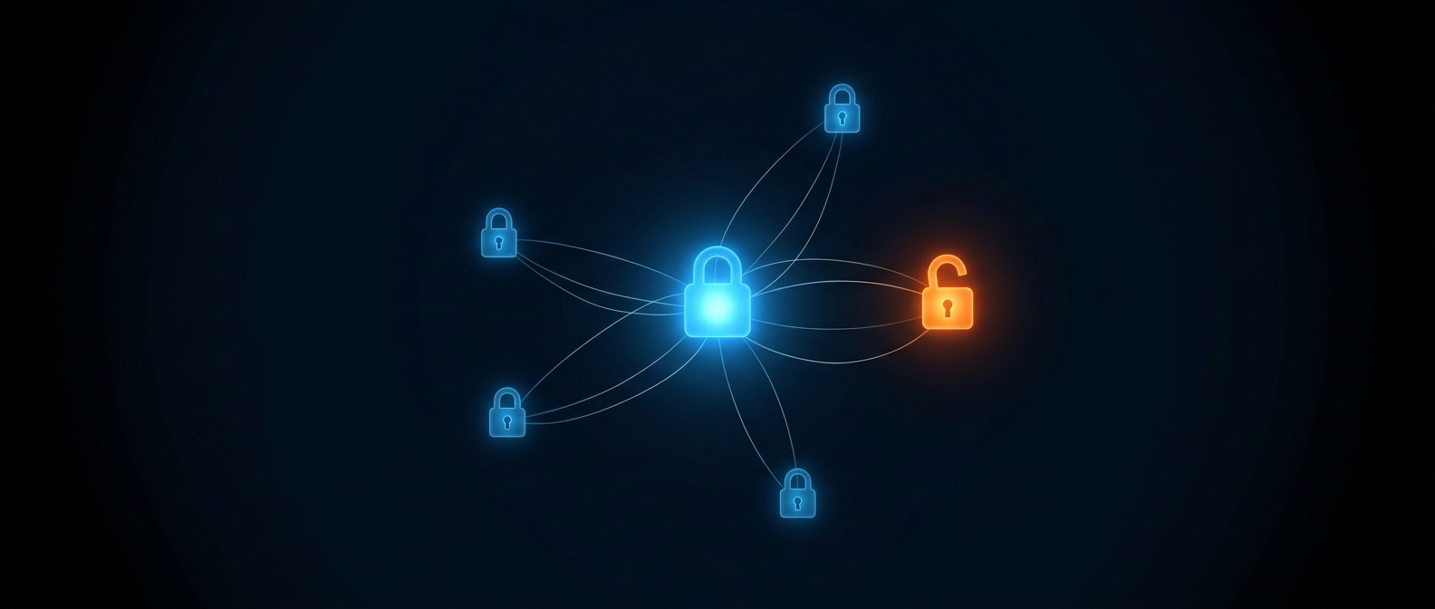 A glowing blue role node connected to several locks, one open and orange, on a dark field.
