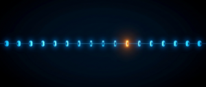 A glowing blue horizontal trail of sequential event markers with one orange marker, on a dark field.
