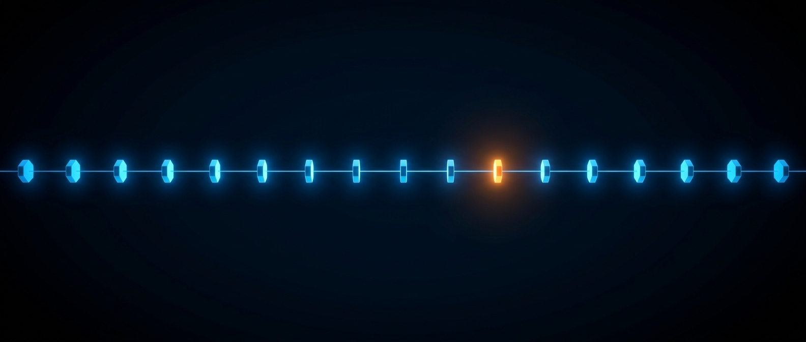 A glowing blue horizontal trail of sequential event markers with one orange marker, on a dark field.