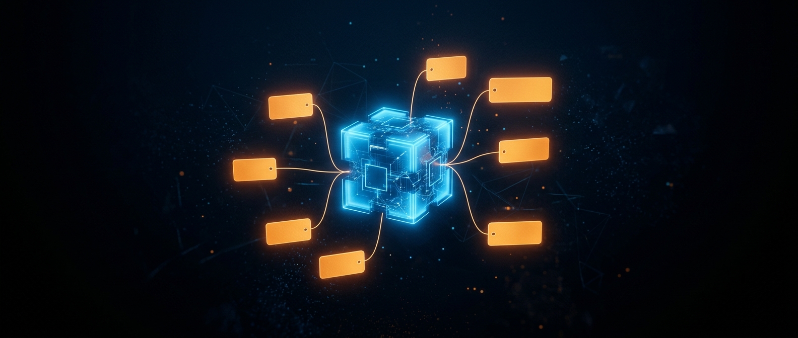 A glowing blue data block with several orange tag cards attached by lines, on a dark field.
