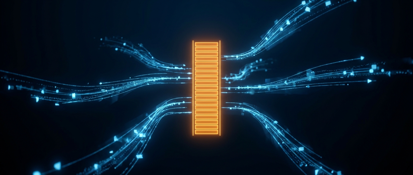 A central glowing orange registry with blue data streams aligning to it, on a dark field.