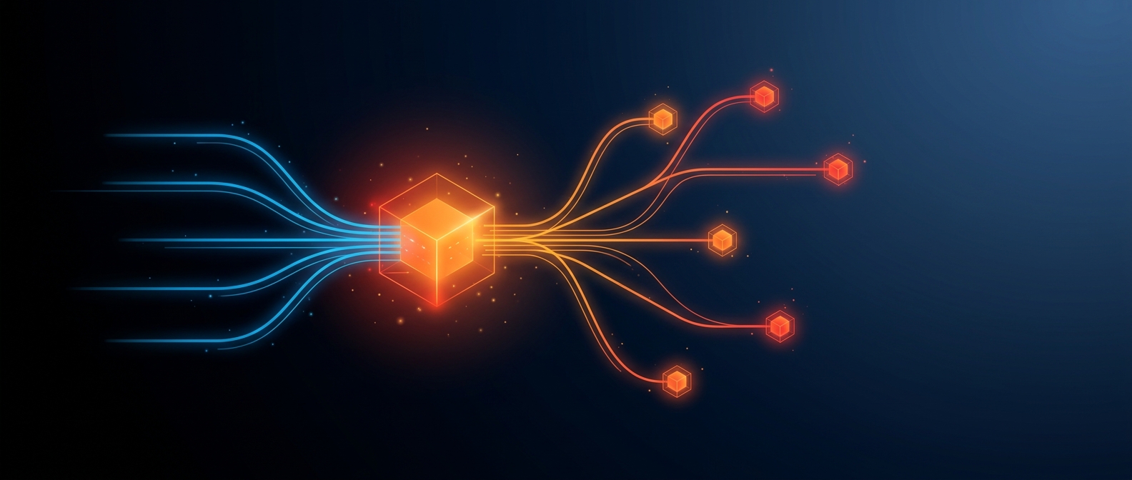 Abstract illustration representing a Power BI dataflow preparing data for many reports