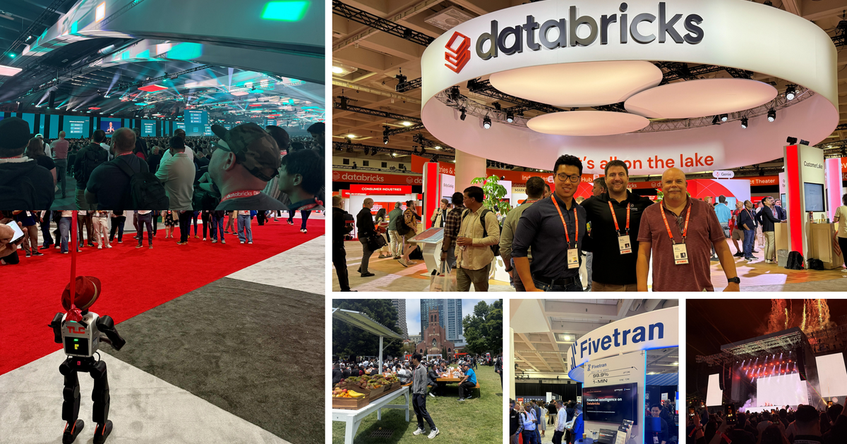 QuickLaunch Analytics team and scenes from the Databricks Data + AI Summit 2026, including the Databricks booth and the Fivetran stand.